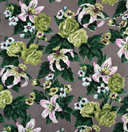 Big Print #5 (Fazenda Lily - gray background - cotton fall 1947 design, Dorothy Draper, courtesy Schumacher & Co.)